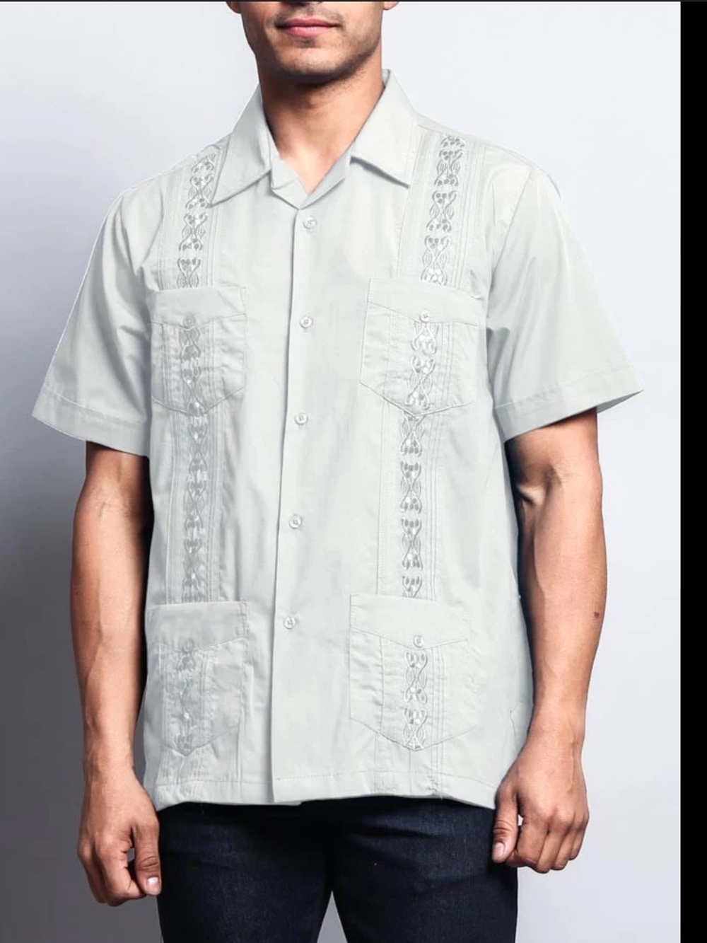 ivory ella Men's Short-Sleeve Embroidered Guayabera Shirt - Light Cream